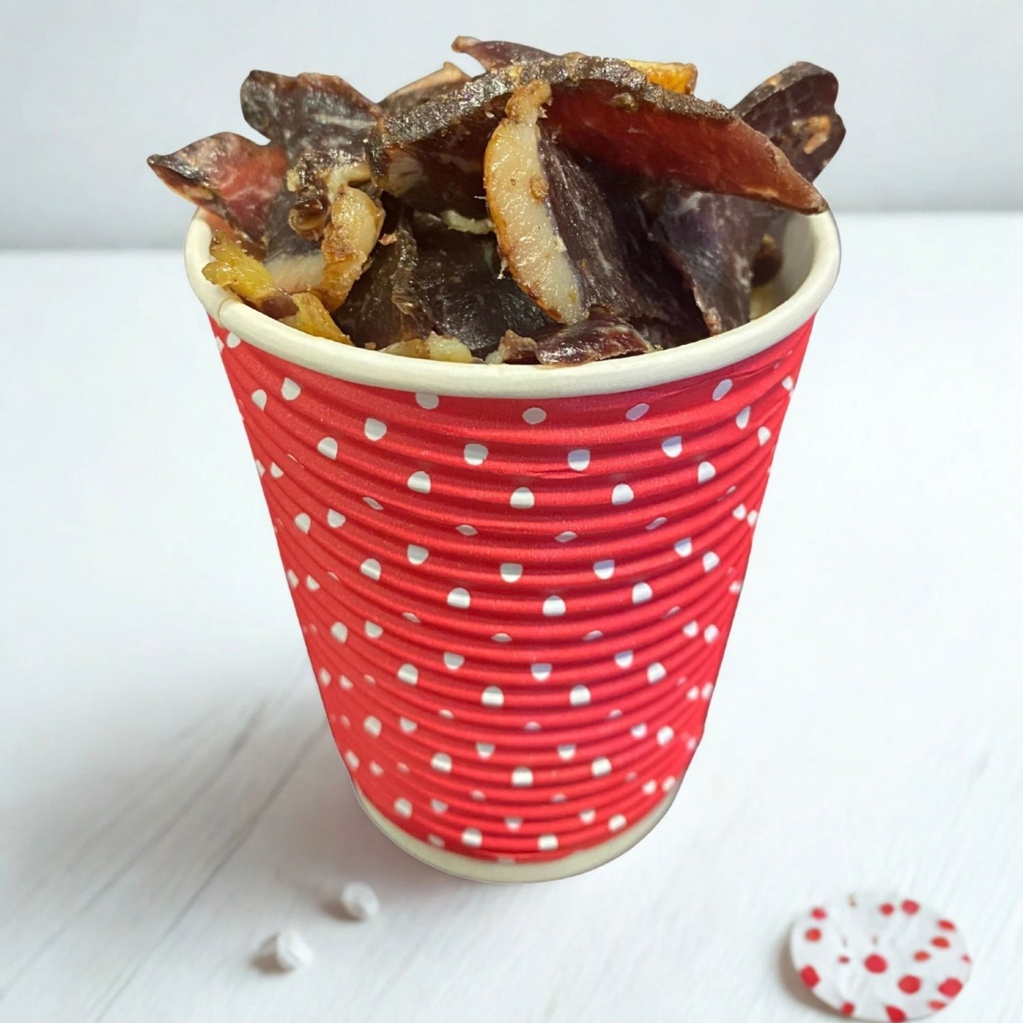 100g CBD Biltong 50mg Strength in Red Polka Dot Cup – Garden Route Green Mossel Bay