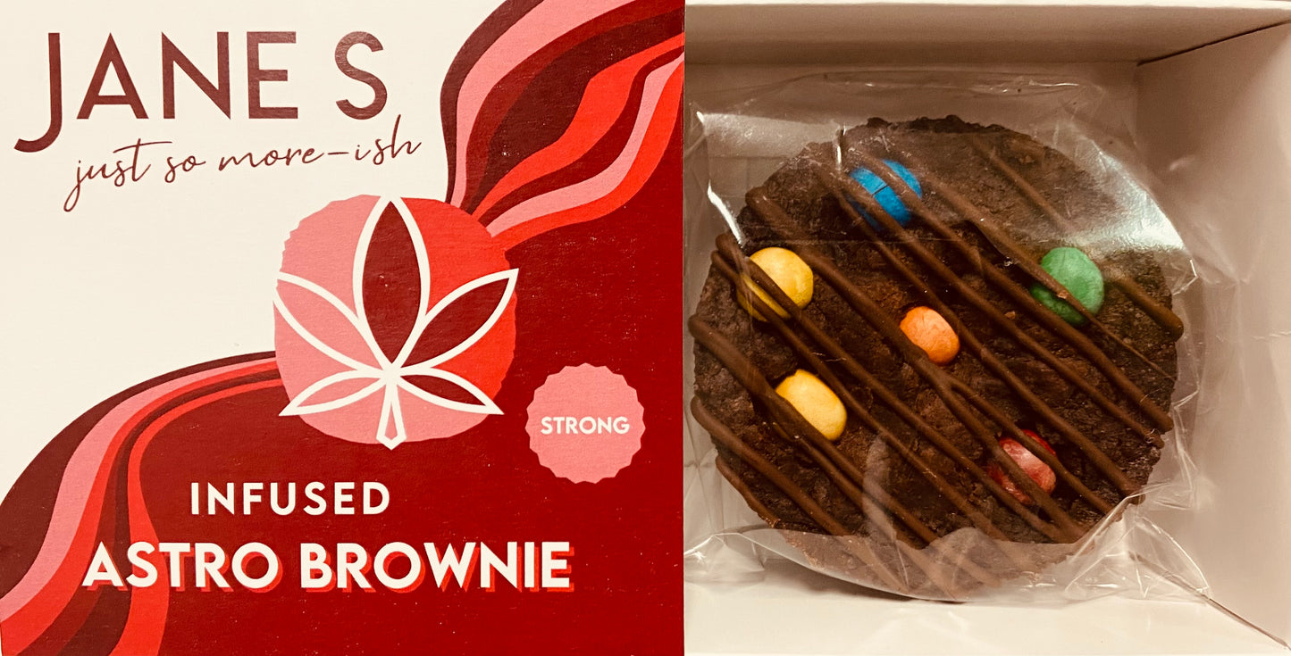 Jane S Just So More-ish 100mg cannabis Infused Astro Brownie packaging with cannabis leaf design