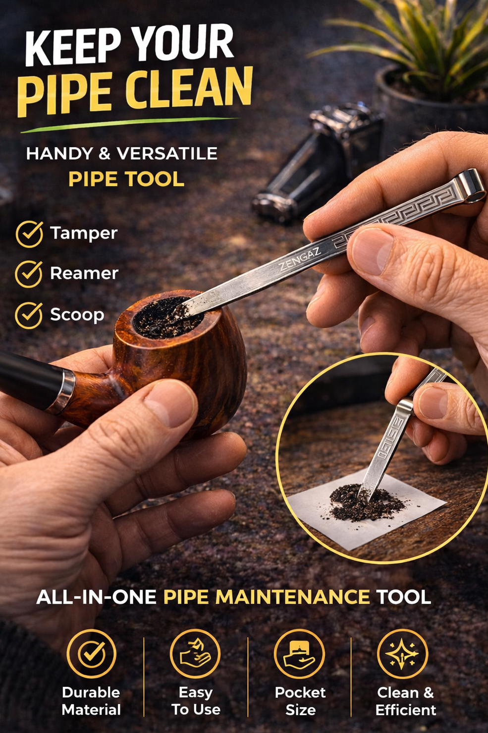3-in-1 Pipe Tool Stainless Steel – Tamper, Reamer & Cleaning Scoop