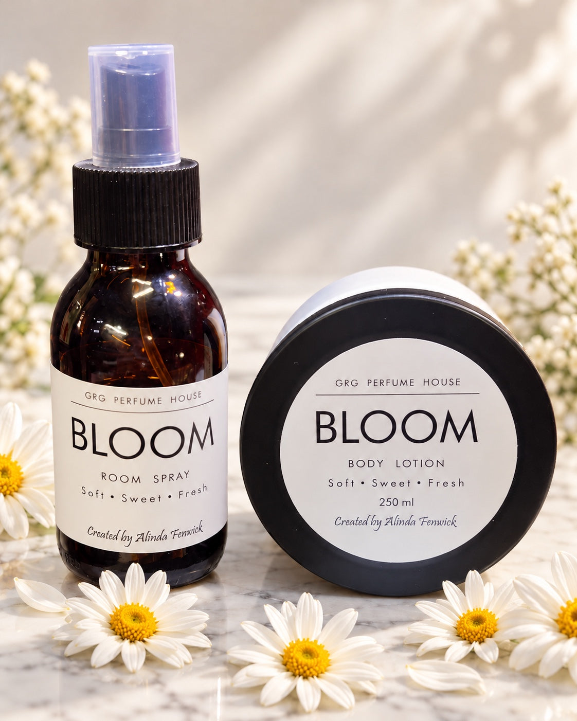 GRG Perfume House Bloom body lotion and room spray — Soft • Sweet • Fresh. Created by Alinda Fenwick.