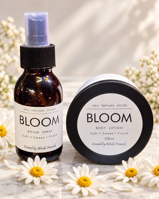 GRG Perfume House Bloom body lotion and room spray — Soft • Sweet • Fresh. Created by Alinda Fenwick.