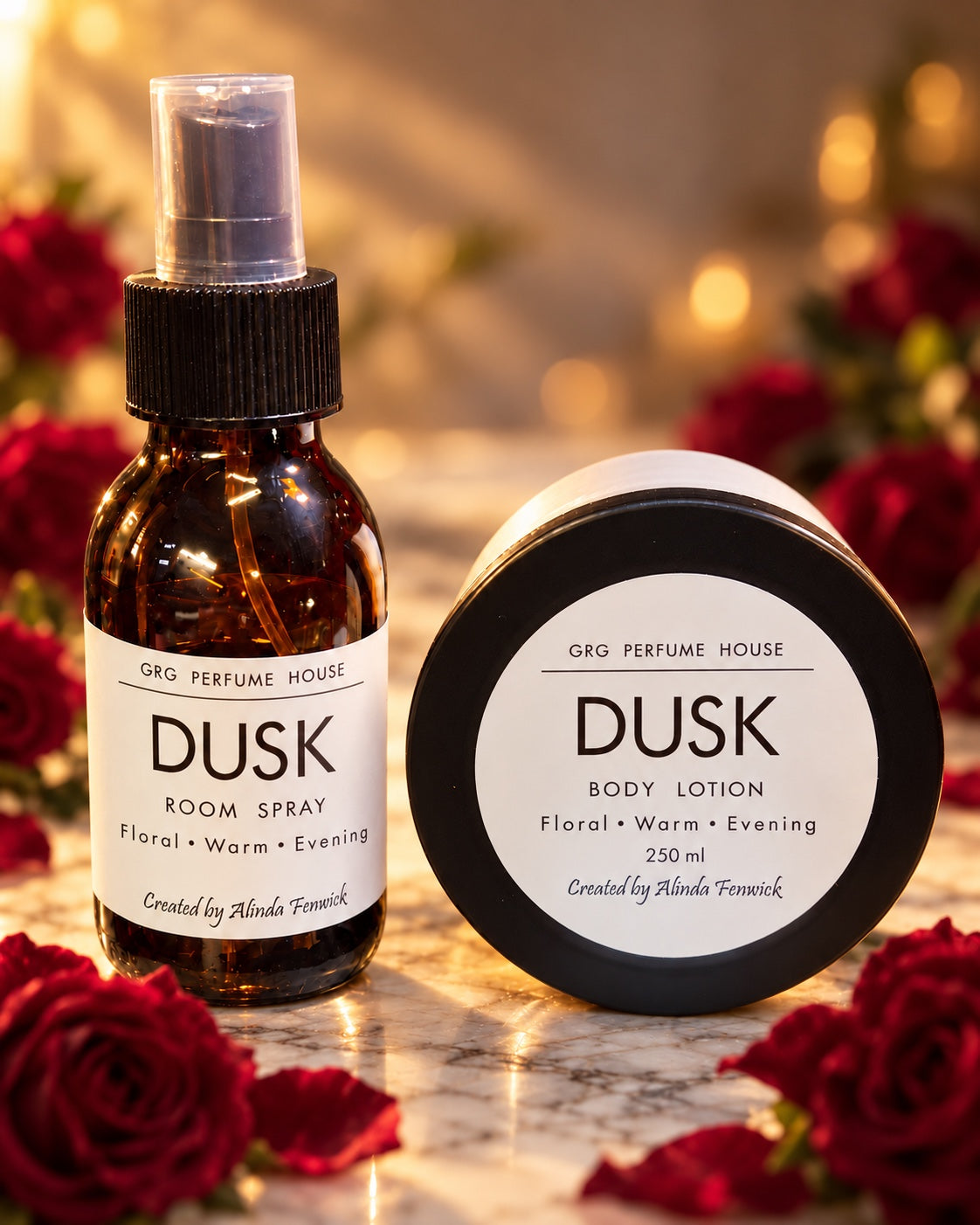GRG Perfume House Dusk body lotion and room spray — Floral • Warm • Evening. Created by Alinda Fenwick.